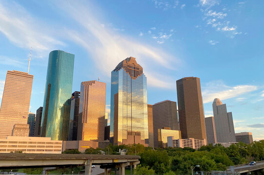 Houston downtown skyline at the golden hour of the evening.