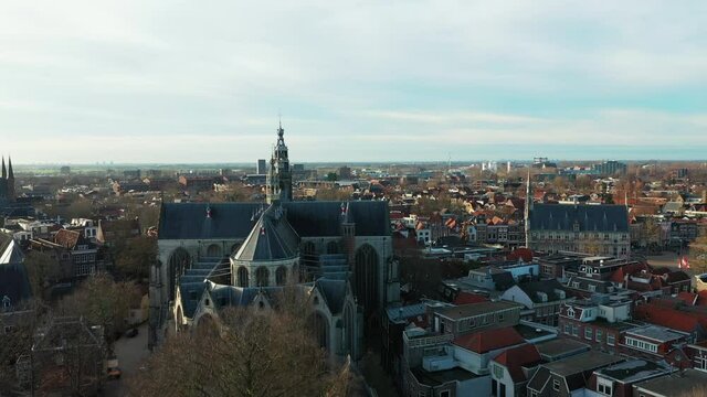 Close Up Aerial View Of Saint John Church In Gouda, Netherlands At Daytime. drone descend