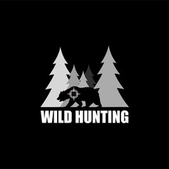 Silhouette night forest with grizzly on aim hunting logo design idea