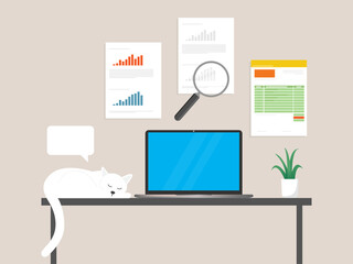 Overview analysis review on laptop cartoon icon