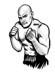 Strong boxing athlete. Ink black and white drawing