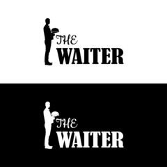 waiter holding serving dish silhouette black and white logotype logo design