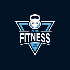 Fitness Logo Badge with sports equipment. Labels in vintage style with kettlebell and barbell silhouette symbols