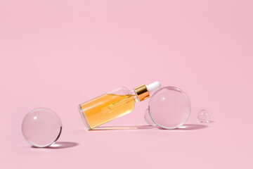 Dropper glass bottles with pipette. Transparent hyaluronic natural beauty product and eco serum skin care concept. Top horizontal view copyspace.