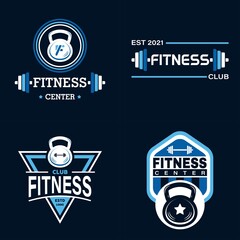 Set of Fitness Logo Badge with sports equipment. Labels in vintage style with kettlebell and barbell silhouette symbols