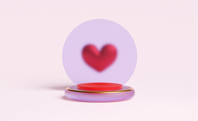 Podium empty with Glassmorphism geometric and red heart shapes in pink composition for modern stage display and minimalist mockup ,abstract showcase background ,Concept 3d illustration or 3d render