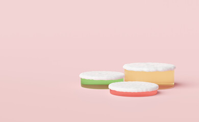cylinder glass stage podium empty with snow isolated on pink for modern stage display and minimalist mockup ,abstract showcase background ,3d illustration or 3d render