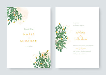 Fototapeta na wymiar Watercolor vector set wedding invitation card template design with green leaves. Elegant watercolor wedding invitation card with greenery leaves. White green wedding invitation with golden lines