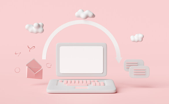 grey laptop computer with envelope,cloud,arrow isolated on pink background,sending,receiving email marketing concept 3d illustration or 3d render