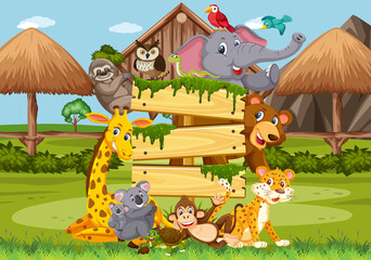 Plakat Empty wooden board with various wild animals in the forest