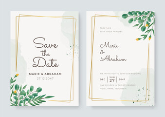 Watercolor vector set wedding invitation card template design with green leaves. Elegant watercolor wedding invitation card with greenery leaves. White green wedding invitation with golden lines