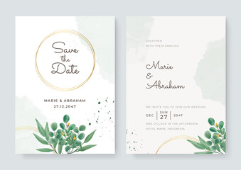 Watercolor vector set wedding invitation card template design with green leaves. Elegant watercolor wedding invitation card with greenery leaves. White green wedding invitation with golden lines