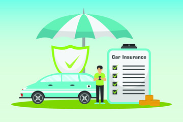 Car insurance vector concept: Young man looking car insurance form on his cellphone while standing near the car