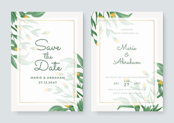 Fototapeta na wymiar Watercolor vector set wedding invitation card template design with green leaves. Elegant watercolor wedding invitation card with greenery leaves. White green wedding invitation with golden lines