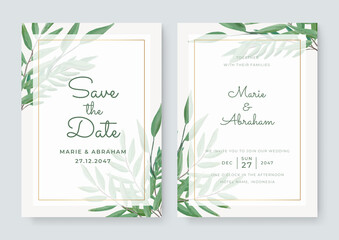 Wedding invitation set with abstract and green leaves flower watercolor background