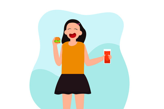Unhealthy food vector concept: Young woman eating cheese burger and a glass of soda while standing alone