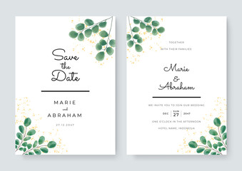 Wedding invitation set with abstract and green leaves flower watercolor background