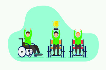 Disabled people competition vector concept: Group of disabled men winning the competition while sitting on the wheelchair