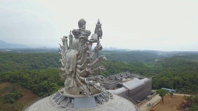 construction of the Thousand Hand and Thousand Eye Guanyin statue in Yuandao, northern Taiwan. (aerial photography)