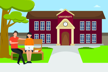 University students vector concept: Two college students discussing together on the bench while using laptop