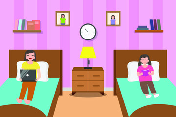 Dormitory vector concept: Two girl roommates enjoying leisure time together while using laptop and reading the book