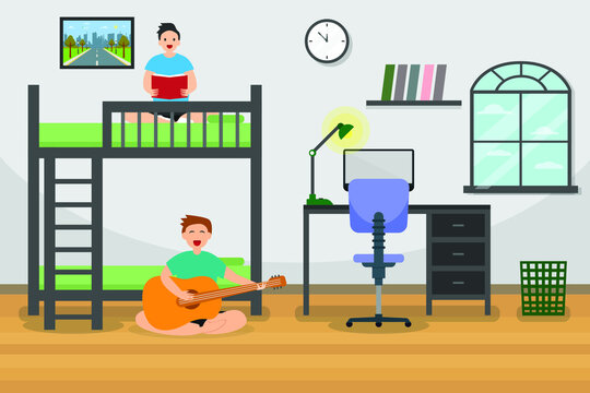 Dormitory Vector Concept: Two Male Roommates Enjoying Leisure Time Together While Playing Guitar And Reading The Book