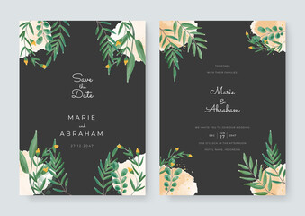 Classic blue and gold wedding set with hand drawn watercolor background. Set of card with flower leaves. Wedding navy blue and gold concept. Floral poster, invite. Vector decorative greeting card