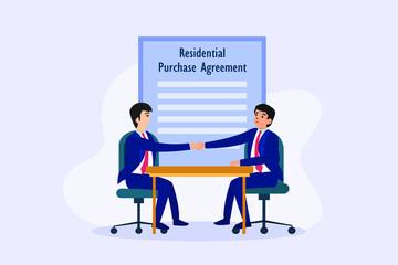 Residential purchase agreement vector concept. Businessmen handshaking with purchase agreement form background