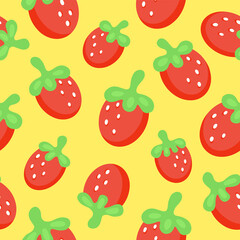 Doodle Retro Strawberry seamless pattern. Cartoon Strawberries randomly located on a yellow background. Rounded Strawberry seamless pattern for fabric, paper, textile, cover. Vector kid print.