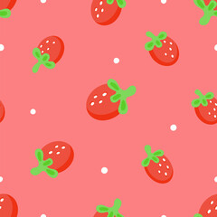 Strawberry seamless pattern with white dots. Delicious Strawberries randomly located on a pink background. Rounded Strawberry with polka dots pattern for fabric, paper, textile, cover. Vector print.