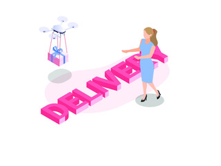 Drone delivery vector concept. Drone delivering package to a female customer