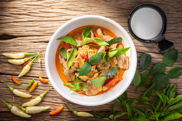 Panang Moo, Panaeng Mu, Thai food, red curry with pork, coconut milk, bergamot leaves, basil leaves...
