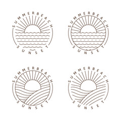 Sunset beach illustration monoline or line art style vector