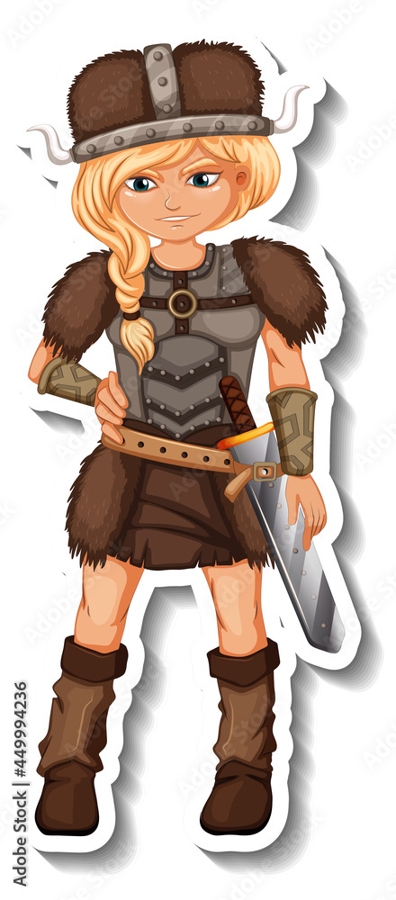 Wall mural Sticker template with Viking warrior cartoon character isolated