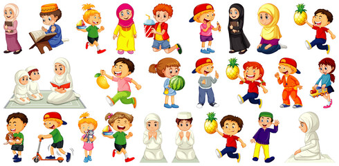 Fototapeta premium Children doing different activities cartoon character set on white background