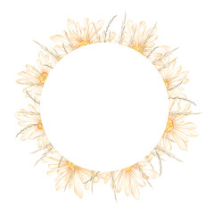 Watercolor hand drawn nature circle frame with illustration of chamomile flowers, herbs. Floral wreath bouquet isolated on white background. Perfect for invite, greeting card with space for text.