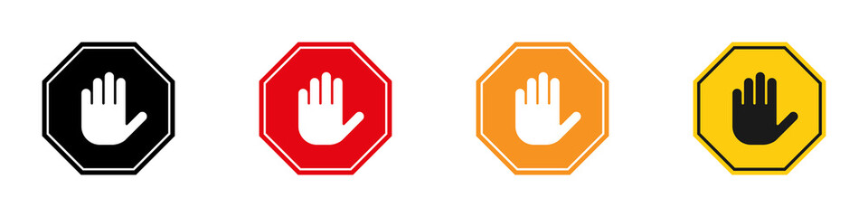 Conjunto de icono de señalética de detenerse. Anuncio de mano de parar, alto. Ilustración vectorial © Frank