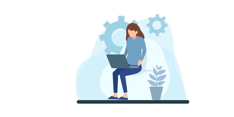 Collection of illustrations with people working in the office, making a presentation, negotiating and discussing business issues, developing ideas. Work from home flat people illustration