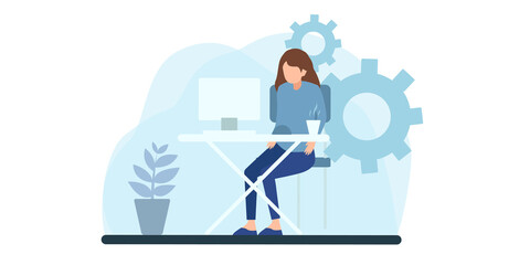 Collection of illustrations with people working in the office, making a presentation, negotiating and discussing business issues, developing ideas. Work from home flat people illustration