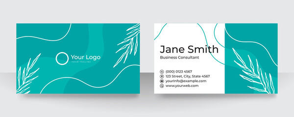 Modern green and white minimal floral flower nature leaves business card design. Modern business card template red black colors. Flat design vector abstract creative - Vector
