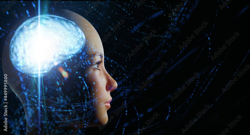 Poster 3d rendering of female face from side view with glowing human brain and abstract digital dots data. 