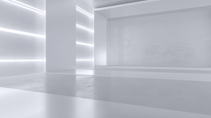 Empty white room with neon lights. Futuristic tunnel architecture background. Box with metal wall. 3d render