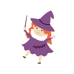 Girl child in Halloween costume of witch. Day of dead holiday decor. Isolated on white background