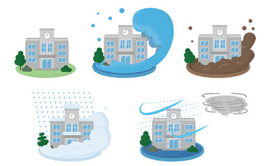 災害に遭う学校のベクターイラストセット　土砂崩れ・吹雪・竜巻・雷雨