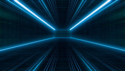 Abstract  Futuristic light wireframe tunnel. Long Spaceship corridor interior view. Future sci-fi background concept. 3D rendering.