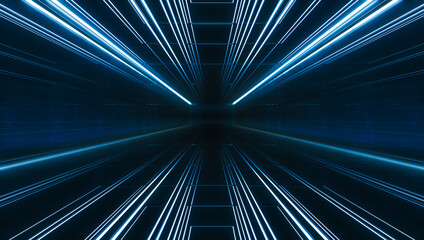 Futuristic light tunnel. Long Spaceship corridor interior view. Future sci-fi background concept. 3D rendering. - obrazy, fototapety, plakaty