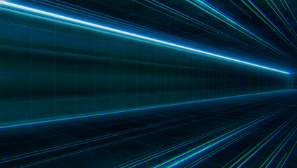 Abstract  Futuristic light wireframe tunnel. Long Spaceship corridor interior view. Future sci-fi background concept. 3D rendering.