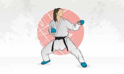 A woman in a kimono with a black belt and protective equipment is engaged in karate martial arts training. © KivKom