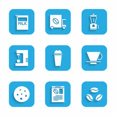 Set Milkshake, Newspaper and coffee, Coffee beans, V60 maker, Cookie or biscuit, machine, Electric grinder and Paper package for milk icon. Vector