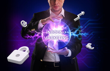 Business, Technology, Internet and network concept. Young businessman working on a virtual screen of the future and sees the inscription: Inbound marketing